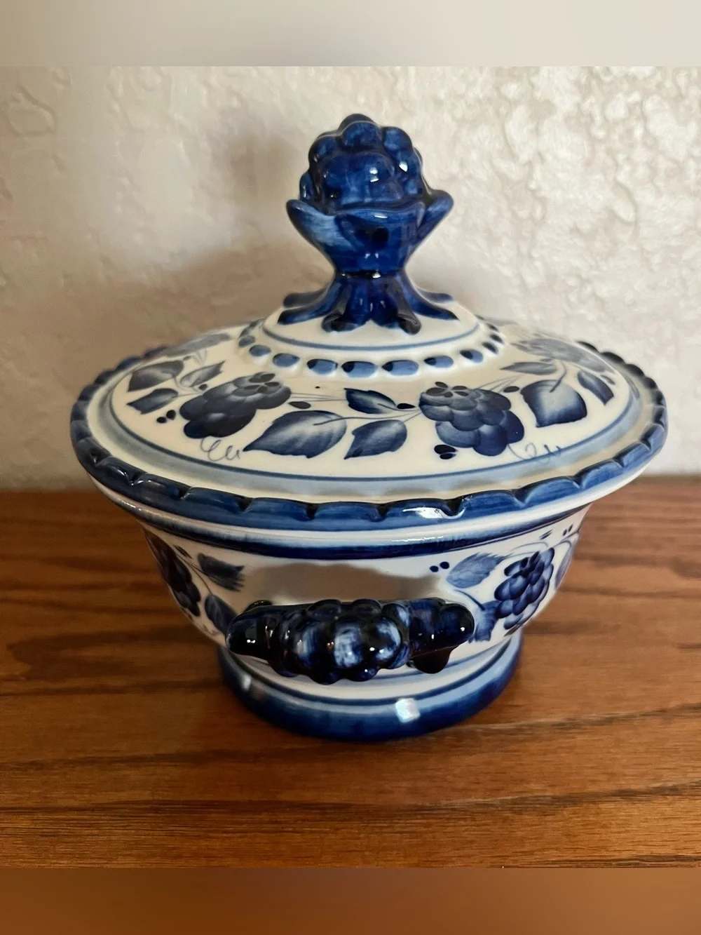 Vintage Blue & White Russian Gzhel Sugar Bowl/Candy Dish